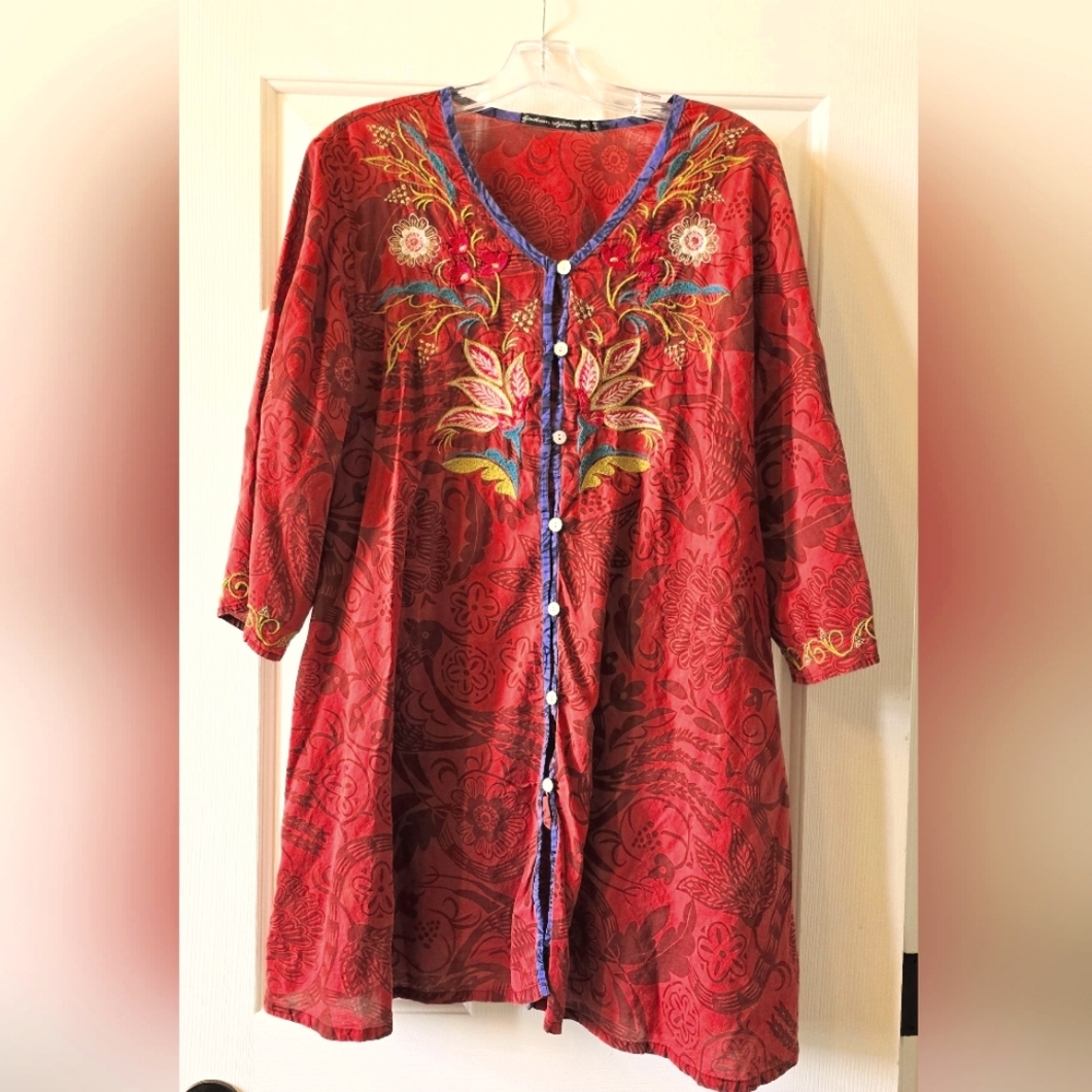 Gudrun Sjoden Tunic Blouse Red with Embroidery